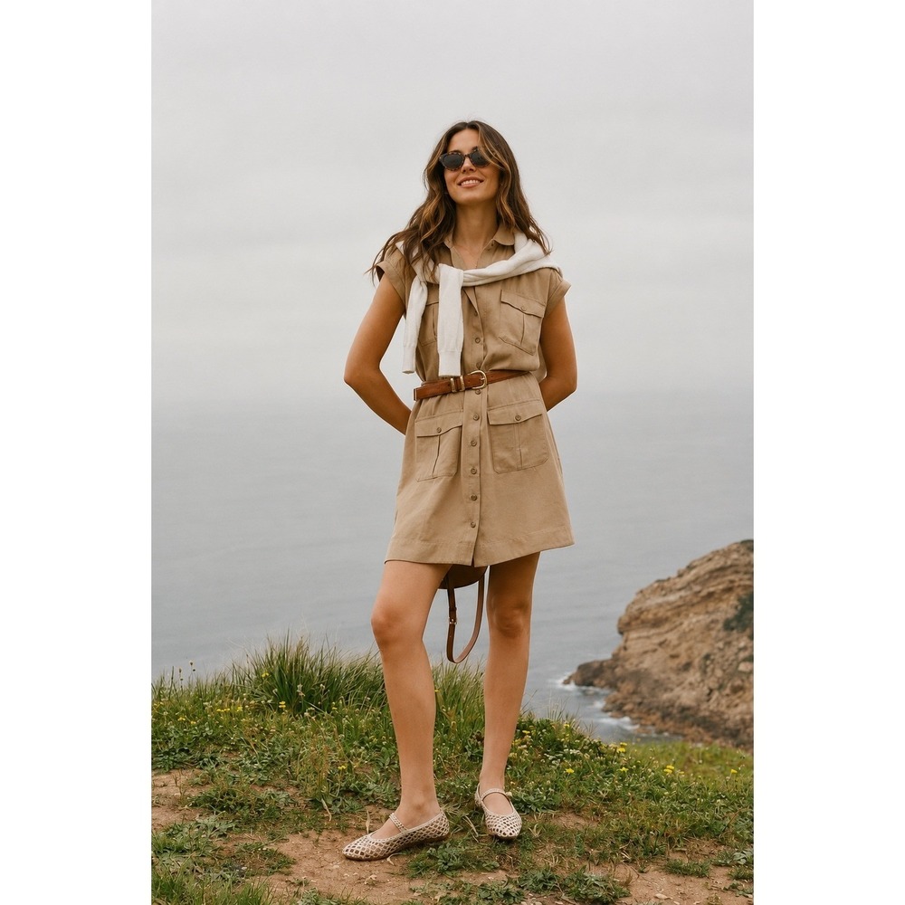 TUCKERNUCK Womens New Shirt Dress LARGE Utility Mill Khaki Button Front S154741